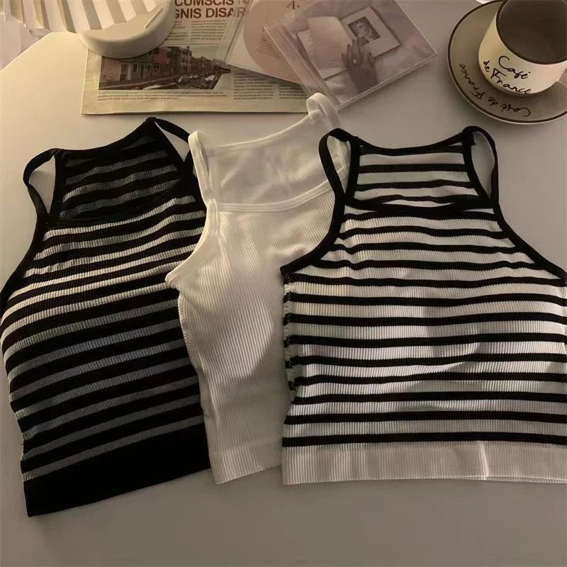 Korean Version Women Tank Tops Thread Solid Casual Fashion Crop Top with Chest Pad Stripe Sleeveless Outer Wear Basic Camisole - Regenerative Marketplace