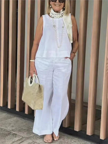 Conjuntos Para Mujeres 2 Piezas Outfit Linen Cotton Clothing Loose Sleeveless Top Wide Leg Pants Two - piece Set Casual Wear - Regenerative Marketplace