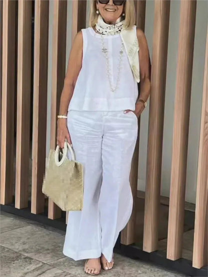 Conjuntos Para Mujeres 2 Piezas Outfit Linen Cotton Clothing Loose Sleeveless Top Wide Leg Pants Two - piece Set Casual Wear - Regenerative Marketplace