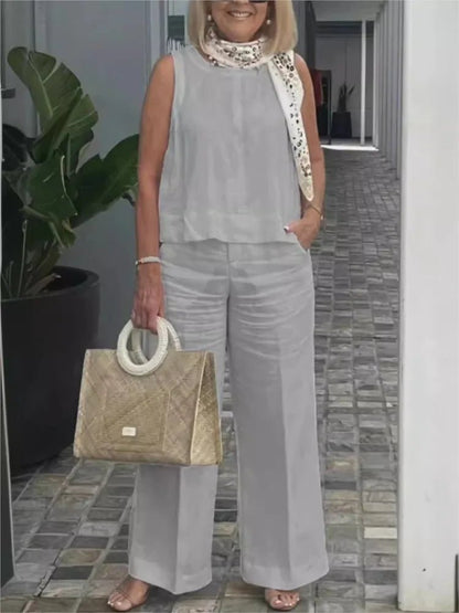 Conjuntos Para Mujeres 2 Piezas Outfit Linen Cotton Clothing Loose Sleeveless Top Wide Leg Pants Two - piece Set Casual Wear - Regenerative Marketplace