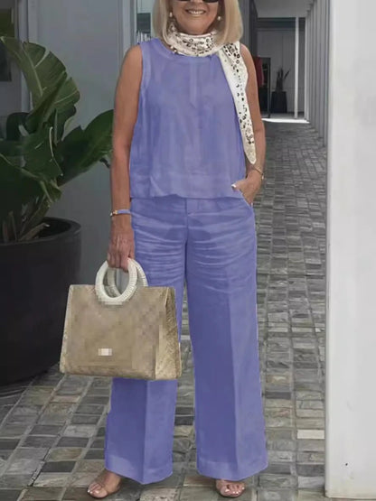 Conjuntos Para Mujeres 2 Piezas Outfit Linen Cotton Clothing Loose Sleeveless Top Wide Leg Pants Two - piece Set Casual Wear - Regenerative Marketplace
