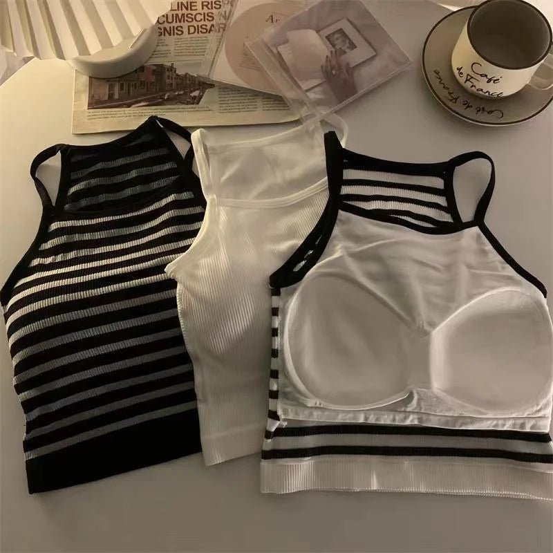 Korean Version Women Tank Tops Thread Solid Casual Fashion Crop Top with Chest Pad Stripe Sleeveless Outer Wear Basic Camisole - Regenerative Marketplace