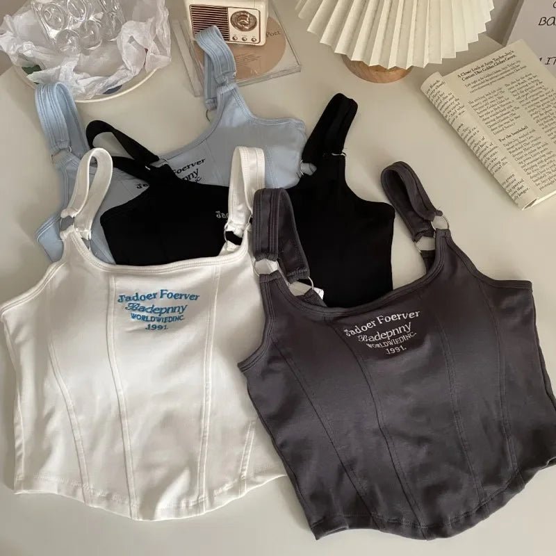 1pc Letter Print Cotton Women Small Breast Bras Hot Girls Wear Casual Slim Underwear Padded Camisole Top - Regenerative Marketplace