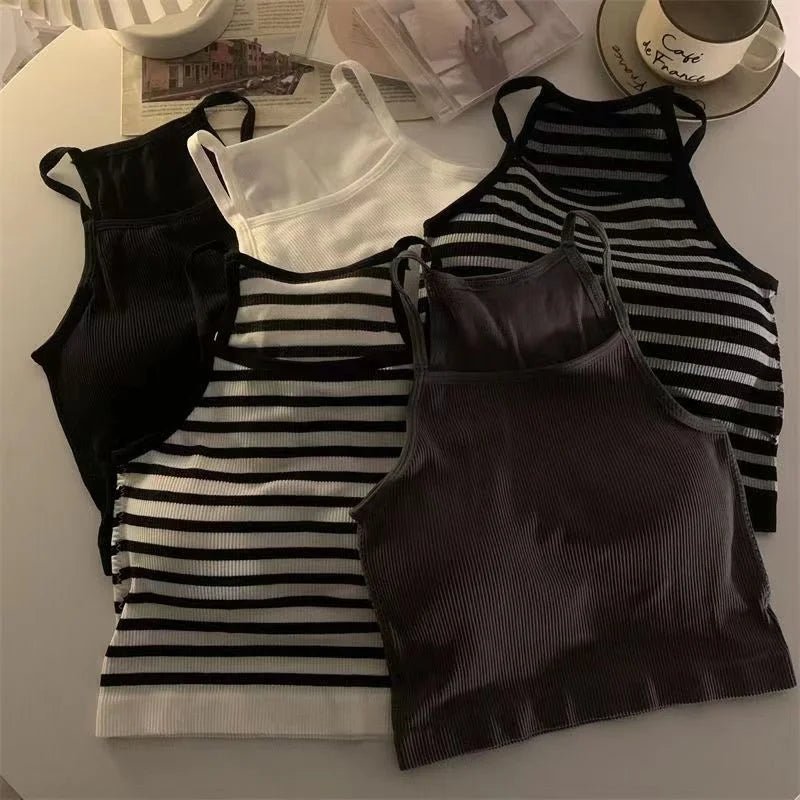 Korean Version Women Tank Tops Thread Solid Casual Fashion Crop Top with Chest Pad Stripe Sleeveless Outer Wear Basic Camisole - Regenerative Marketplace