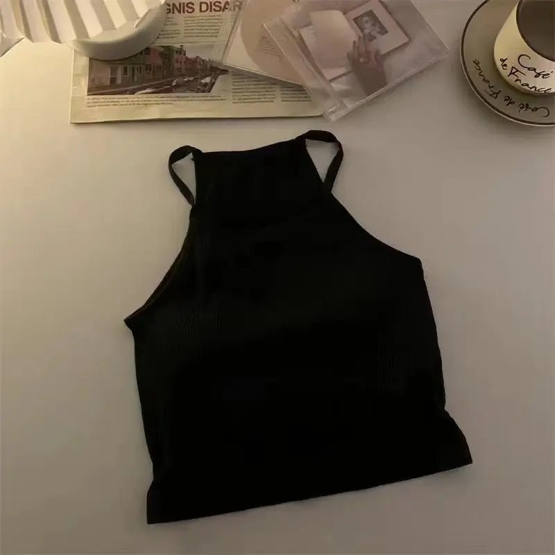 Korean Version Women Tank Tops Thread Solid Casual Fashion Crop Top with Chest Pad Stripe Sleeveless Outer Wear Basic Camisole - Regenerative Marketplace