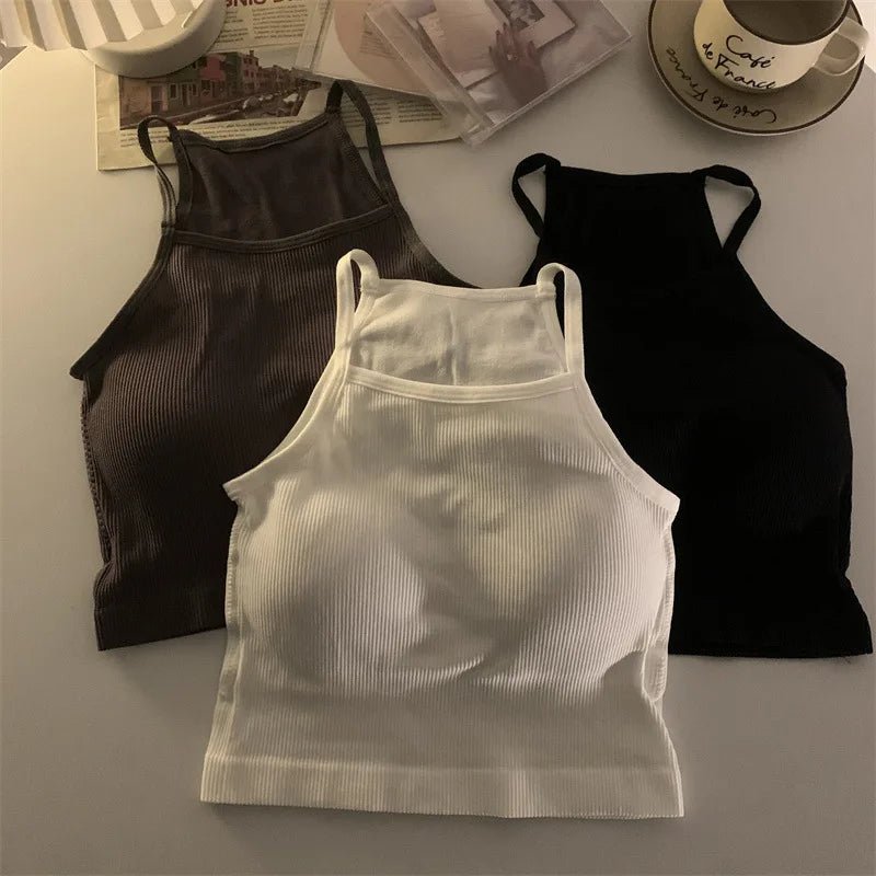 Korean Version Women Tank Tops Thread Solid Casual Fashion Crop Top with Chest Pad Stripe Sleeveless Outer Wear Basic Camisole - Regenerative Marketplace