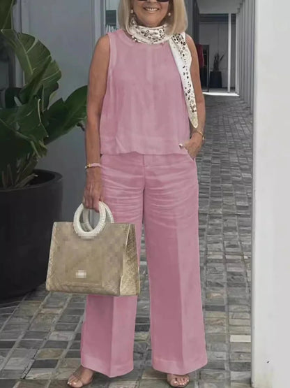 Conjuntos Para Mujeres 2 Piezas Outfit Linen Cotton Clothing Loose Sleeveless Top Wide Leg Pants Two - piece Set Casual Wear - Regenerative Marketplace