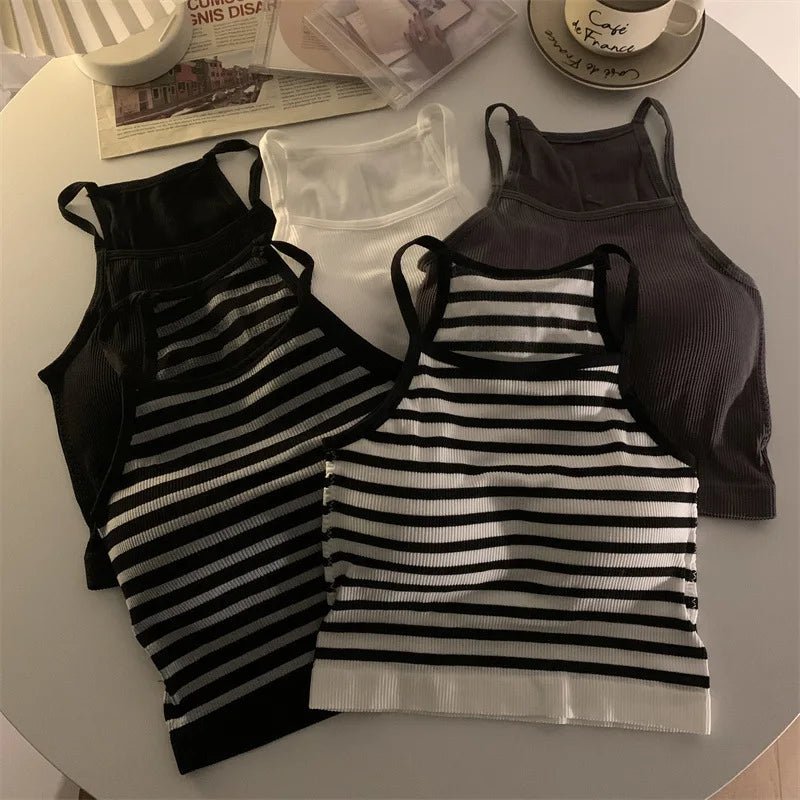 Korean Version Women Tank Tops Thread Solid Casual Fashion Crop Top with Chest Pad Stripe Sleeveless Outer Wear Basic Camisole - Regenerative Marketplace