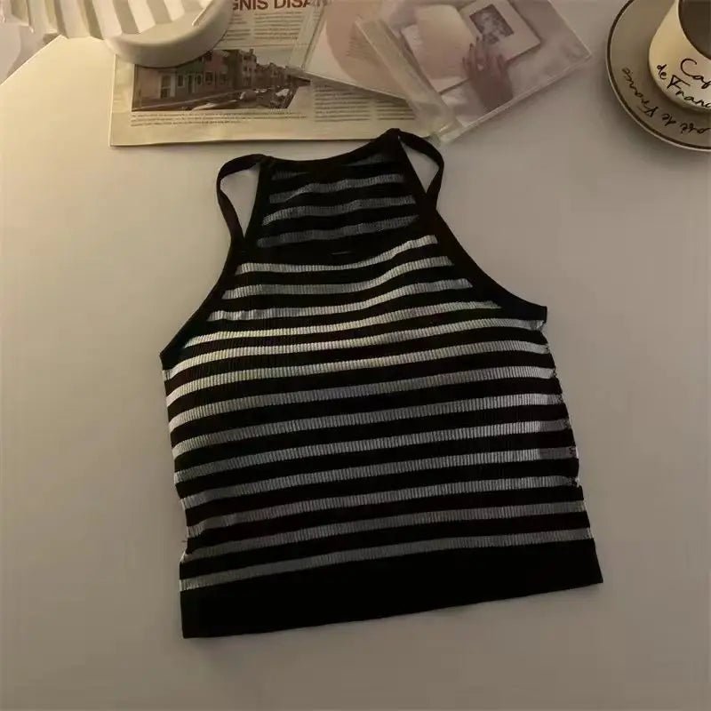 Korean Version Women Tank Tops Thread Solid Casual Fashion Crop Top with Chest Pad Stripe Sleeveless Outer Wear Basic Camisole - Regenerative Marketplace