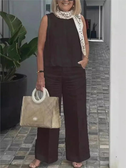 Conjuntos Para Mujeres 2 Piezas Outfit Linen Cotton Clothing Loose Sleeveless Top Wide Leg Pants Two - piece Set Casual Wear - Regenerative Marketplace