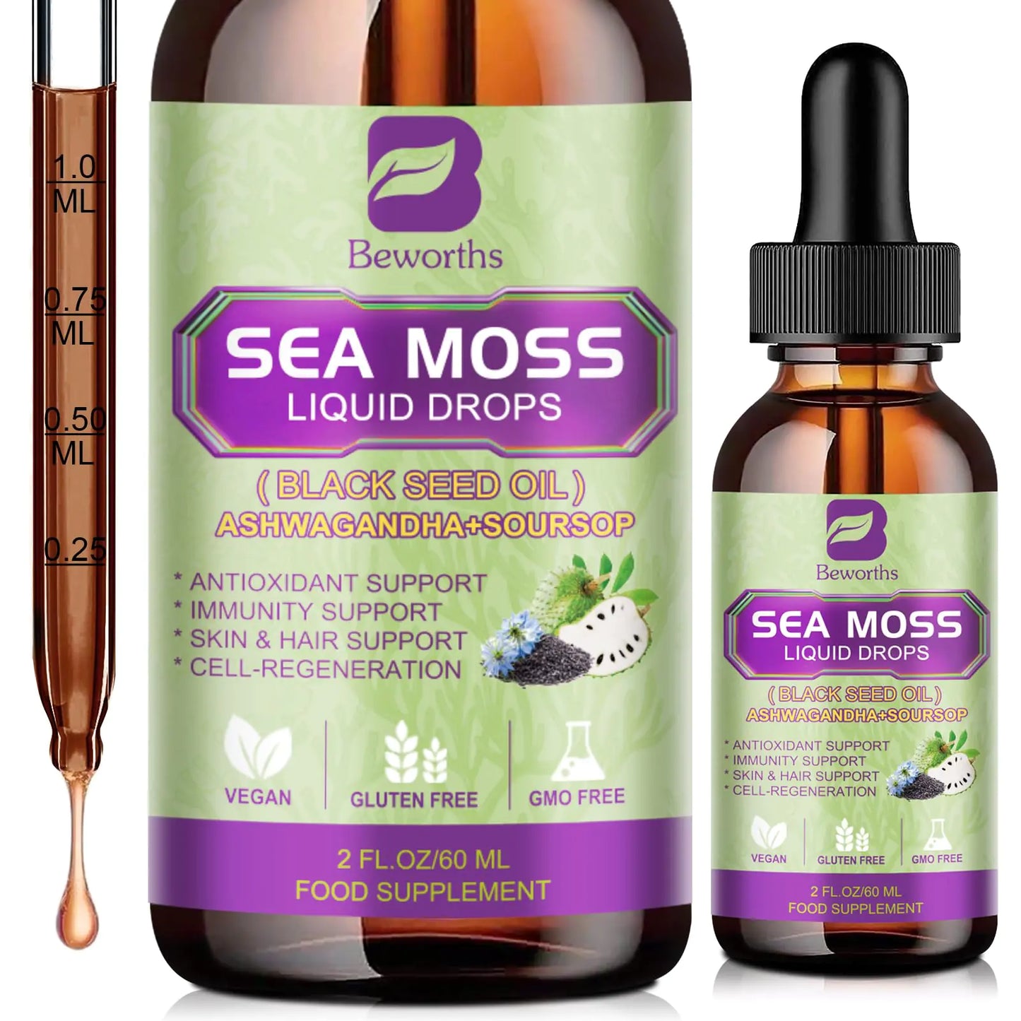 Sea Moss Liquid Drop - Black Seed Oil & Irish Sea Moss Gel with Ashwagandha Soursop Bitters Burdock Root Bladderwrack Elderberry 6X Stronger Seamoss Raw Gel for Immunity Booster Digestive Health