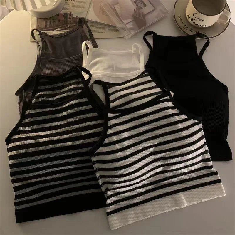 Korean Version Women Tank Tops Thread Solid Casual Fashion Crop Top with Chest Pad Stripe Sleeveless Outer Wear Basic Camisole - Regenerative Marketplace
