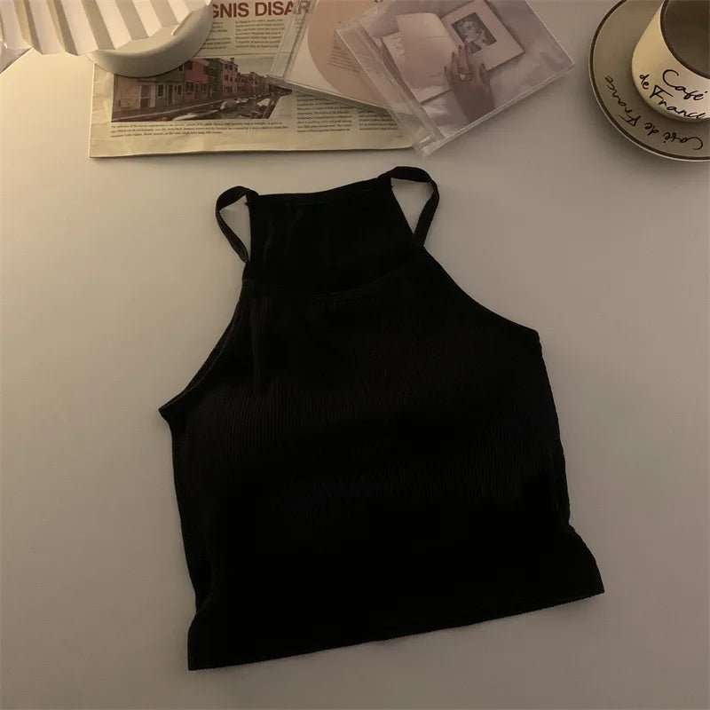 Korean Version Women Tank Tops Thread Solid Casual Fashion Crop Top with Chest Pad Stripe Sleeveless Outer Wear Basic Camisole - Regenerative Marketplace