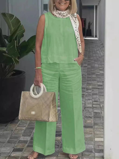 Conjuntos Para Mujeres 2 Piezas Outfit Linen Cotton Clothing Loose Sleeveless Top Wide Leg Pants Two - piece Set Casual Wear - Regenerative Marketplace