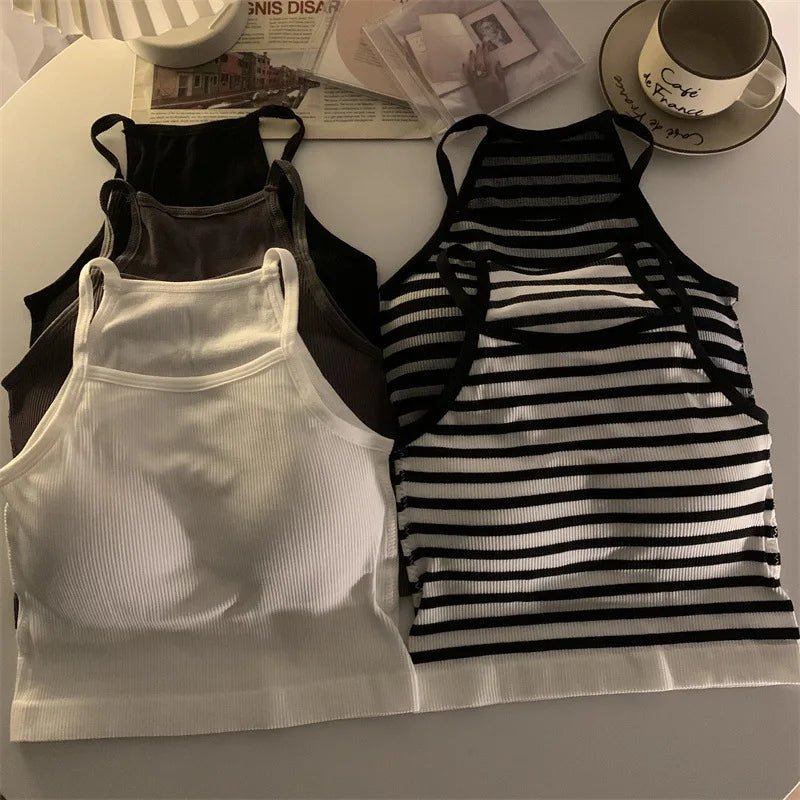 Korean Version Women Tank Tops Thread Solid Casual Fashion Crop Top with Chest Pad Stripe Sleeveless Outer Wear Basic Camisole - Regenerative Marketplace