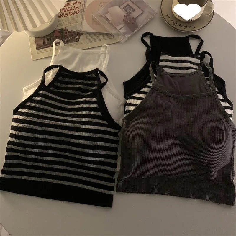 Korean Version Women Tank Tops Thread Solid Casual Fashion Crop Top with Chest Pad Stripe Sleeveless Outer Wear Basic Camisole - Regenerative Marketplace