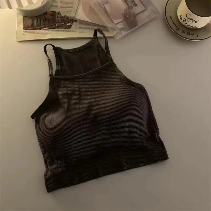 Korean Version Women Tank Tops Thread Solid Casual Fashion Crop Top with Chest Pad Stripe Sleeveless Outer Wear Basic Camisole - Regenerative Marketplace