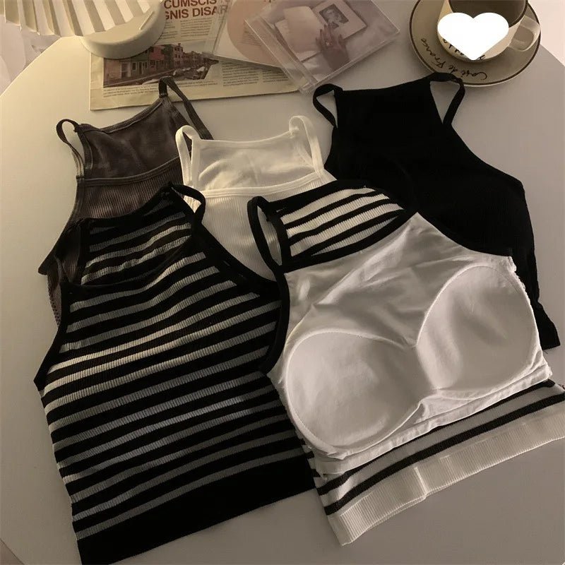 Korean Version Women Tank Tops Thread Solid Casual Fashion Crop Top with Chest Pad Stripe Sleeveless Outer Wear Basic Camisole - Regenerative Marketplace