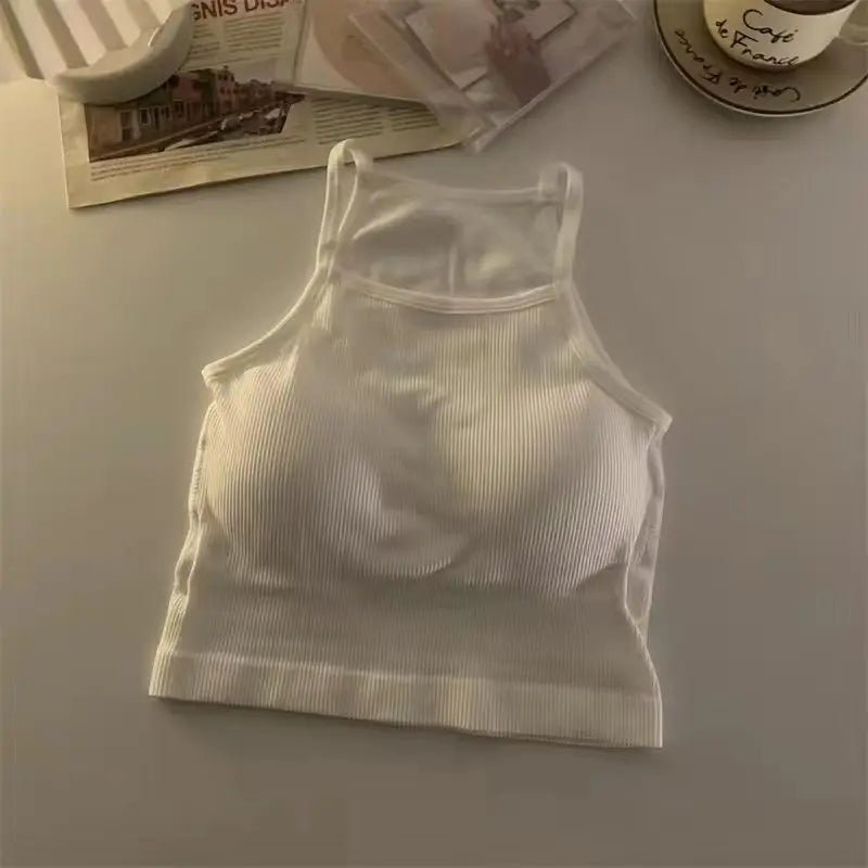 Korean Version Women Tank Tops Thread Solid Casual Fashion Crop Top with Chest Pad Stripe Sleeveless Outer Wear Basic Camisole - Regenerative Marketplace