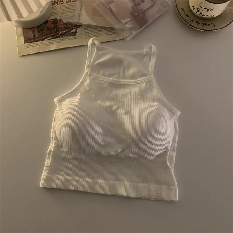 Korean Version Women Tank Tops Thread Solid Casual Fashion Crop Top with Chest Pad Stripe Sleeveless Outer Wear Basic Camisole - Regenerative Marketplace
