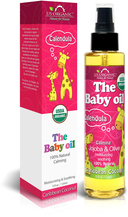 US Organic Baby Oil with Calendula with Vitamin E USDA Certified Organic 135 ml (5 fl.oz) (Caribbean Coconut) - Regenerative Marketplace