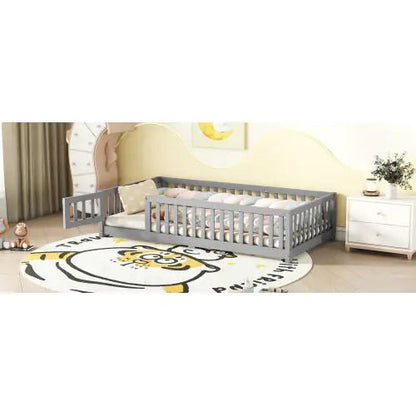 Twin Size Bed Floor Bed With Safety Guardrails And Door For Kids, Gray - Regenerative Marketplace