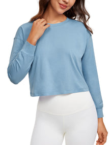 CRZ YOGA Womens Pima Cotton Workout Long Sleeve Shirts Loose Athletic Yoga Tops Basic Casual Fall Crop Shirt Universe Blue Small - Regenerative Marketplace
