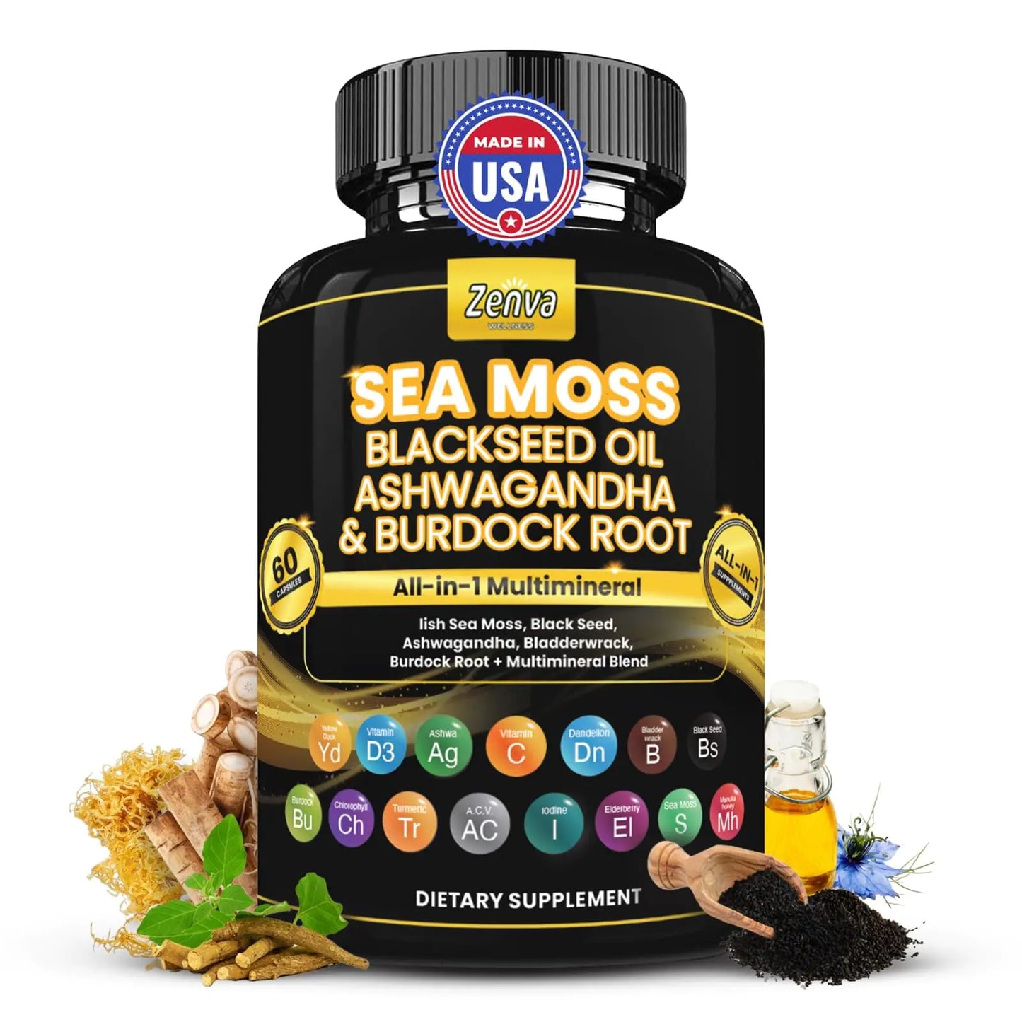 Sea Moss Black Seed Oil Ashwagandha Ginger Burdock Root Capsules Multimineral Seamoss All in One Pills with Bladderwrack Elderberry Manuka Dandelion Yellow Dock Turmeric Vitamin D3 Chlorophyll - Regenerative Marketplace