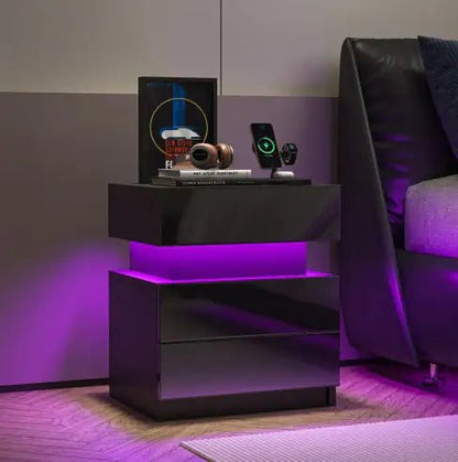 NEW LED Nightstand Modern Black Nightstand With Led Lights Wood Led Bedside Table Nightstand With 2 High Gloss Drawers For Bedroom - Regenerative Marketplace
