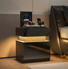 NEW LED Nightstand Modern Black Nightstand With Led Lights Wood Led Bedside Table Nightstand With 2 High Gloss Drawers For Bedroom - Regenerative Marketplace
