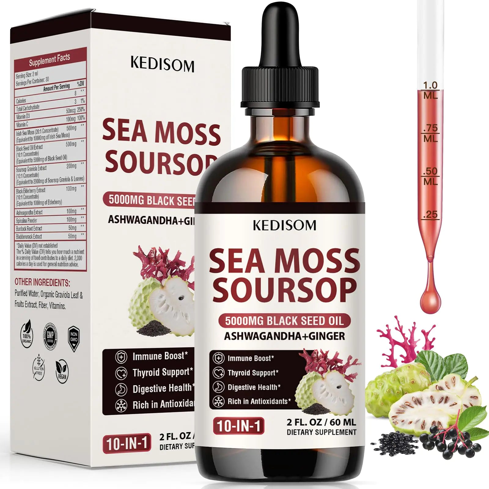 KEDISOM Irish Sea Moss Soursop Drops 2 Fl Oz - Sea Moss Black Seed Oil Multivitamin Liquid with Ashwagandha Burdock Root Bladderwrack Soursop Seamoss Supplement for Gut Immunity Thyroid Support - Regenerative Marketplace