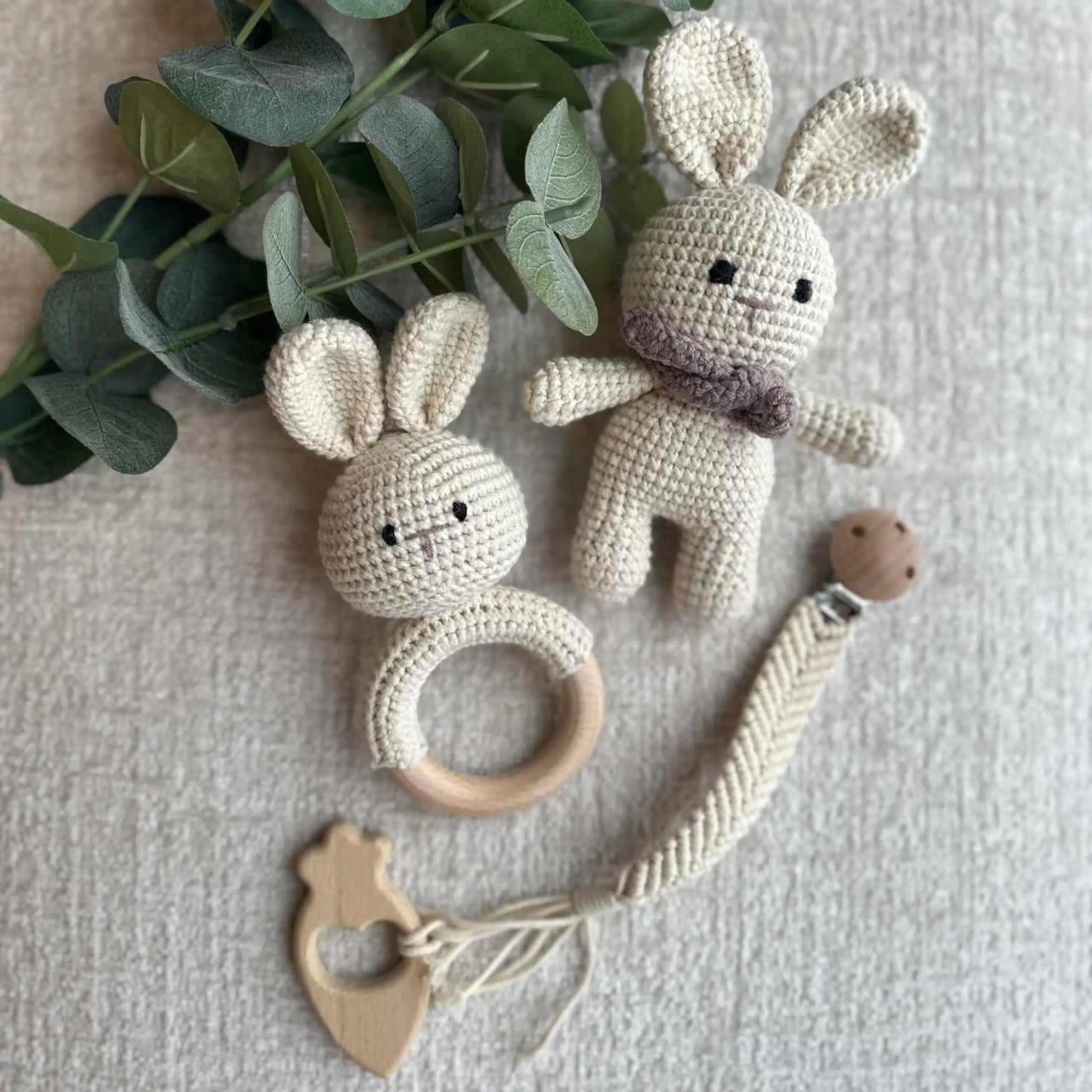 Generic Organic Cotton Handmade Crotchet Bunny Rattle Toy teether and Pacifier Holder Baby Shower/Birthday Gift Set. beige