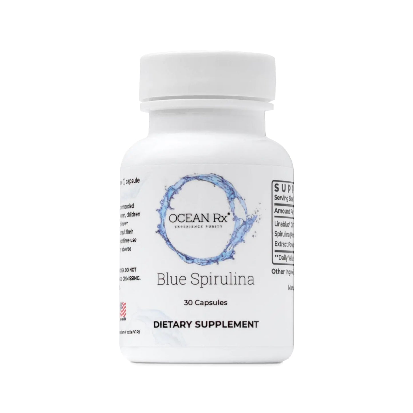 Ocean Rx Organic Pure Blue Spirulina Capsules | Natural Superfood | Prebiotic Phycocyanin Supplement | Healty Skin Oral Health & Wound Recovery | 30 Serving Bottle