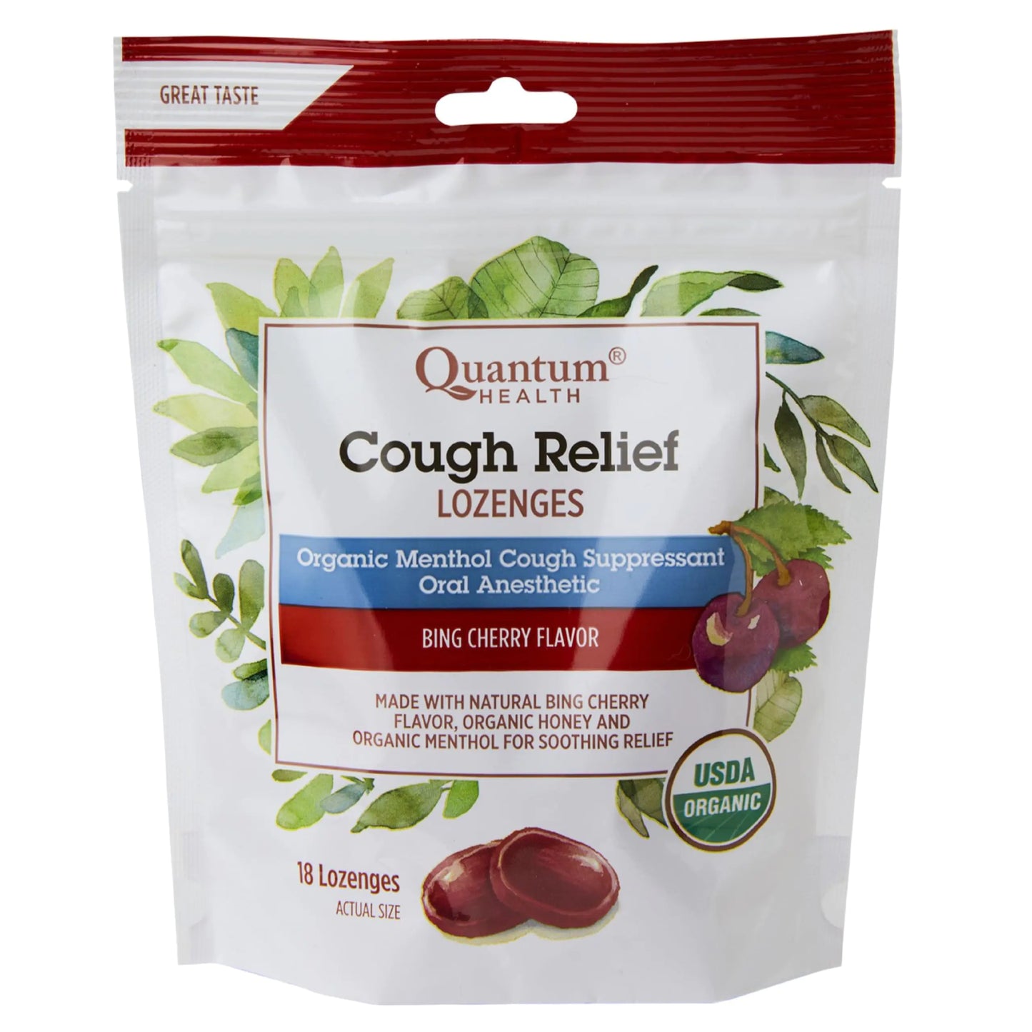Quantum Health USDA Organic Cough Relief Lozenges|Bing Cherry|Natural Menthol Cough Suppressant|Soothes Sore Throat|USDA Organic|18 Count - Regenerative Marketplace