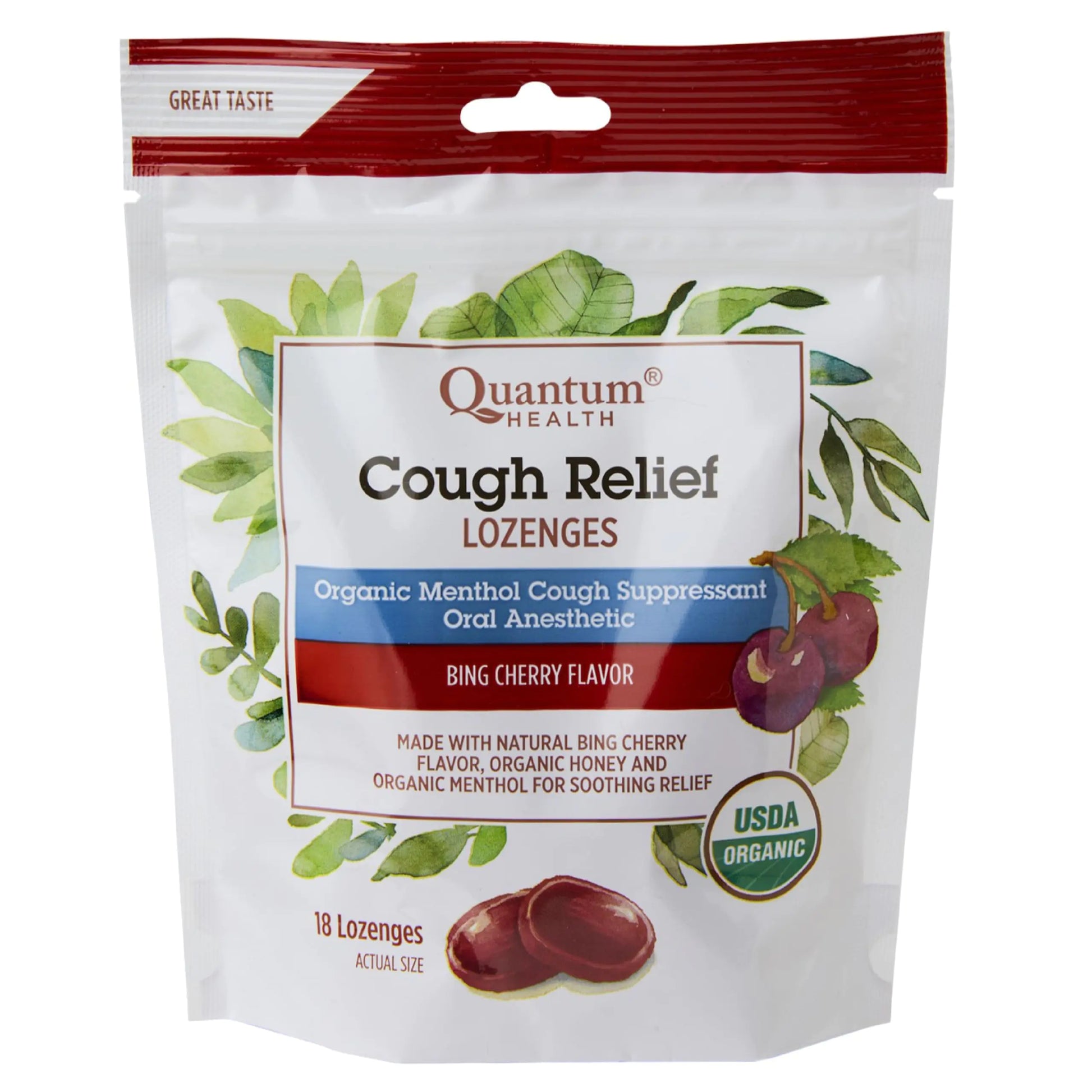 Quantum Health USDA Organic Cough Relief Lozenges|Bing Cherry|Natural Menthol Cough Suppressant|Soothes Sore Throat|USDA Organic|18 Count - Regenerative Marketplace