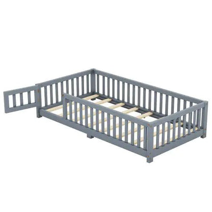 Twin Size Bed Floor Bed With Safety Guardrails And Door For Kids, Gray - Regenerative Marketplace