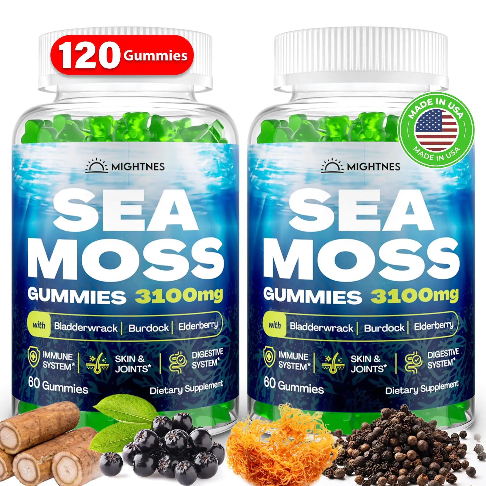 Sea Moss Gummies Irish True Seamoss Glow Gummies 3100mg for Women with Bladderwrack Burdock Root Elderberry Vitamin C and Zinc for Detox Cleanse Immune Skin Joints Digestive Organic 120 pcs - Regenerative Marketplace