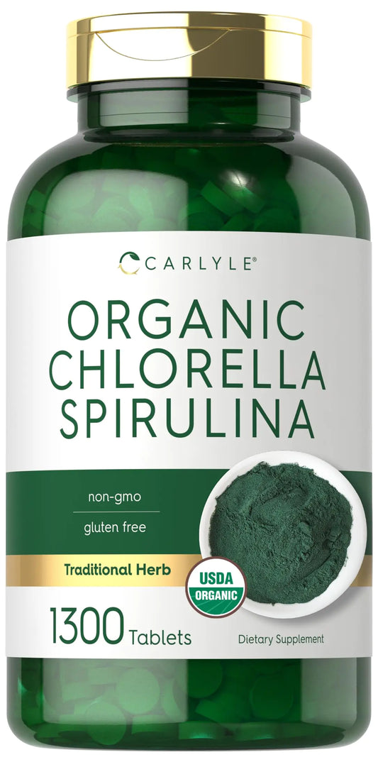 Carlyle Organic Chlorella Spirulina Tablets | 1300 Count | 50/50 Blend | Non-GMO and Gluten Free Supplement