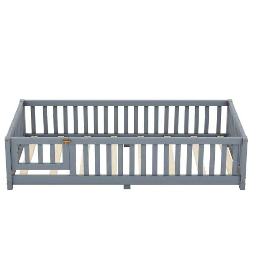Twin Size Bed Floor Bed With Safety Guardrails And Door For Kids, Gray