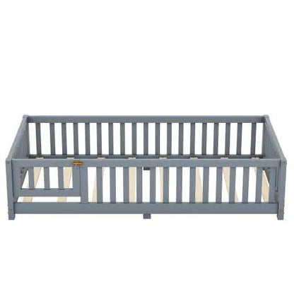 Twin Size Bed Floor Bed With Safety Guardrails And Door For Kids, Gray - Regenerative Marketplace