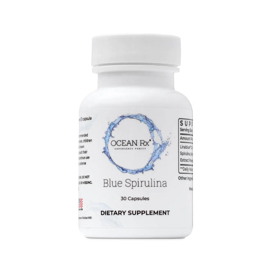 Ocean Rx Organic Pure Blue Spirulina Capsules | Natural Superfood | Prebiotic Phycocyanin Supplement | Healty Skin Oral Health & Wound Recovery | 30 Serving Bottle