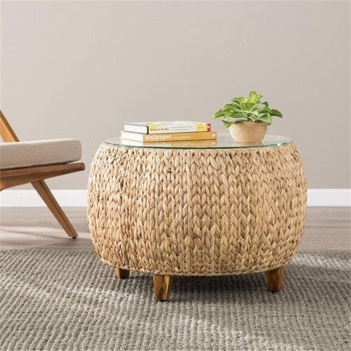 Jokobe Round Water Hyacinth with Tempered Glass Cocktail Table in Natural - Regenerative Marketplace