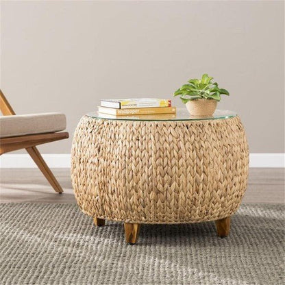Jokobe Round Water Hyacinth with Tempered Glass Cocktail Table in Natural - Regenerative Marketplace