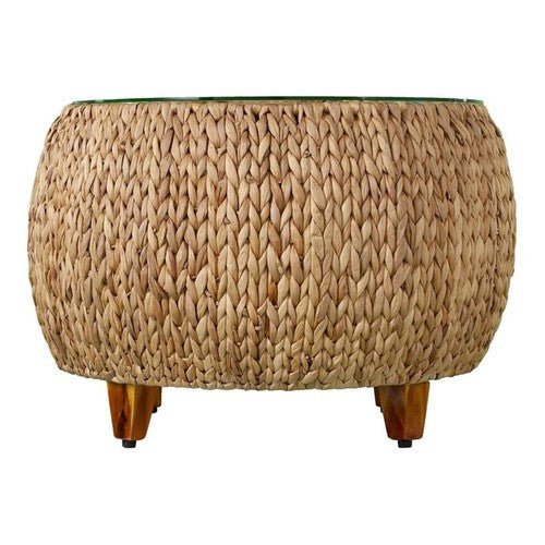 Jokobe Round Water Hyacinth with Tempered Glass Cocktail Table in Natural - Regenerative Marketplace
