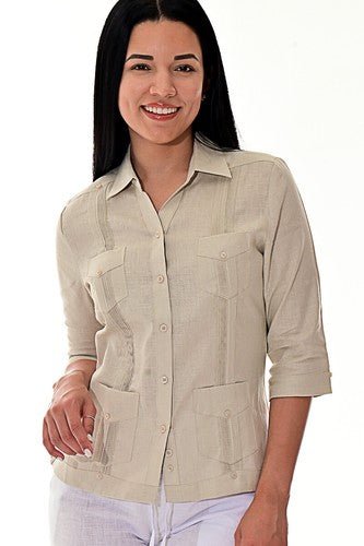 Ladies NATURAL Linen Guayabera Traditional (4) Pocket 3/4 Sleeve Top - LLGB3009 - Regenerative Marketplace