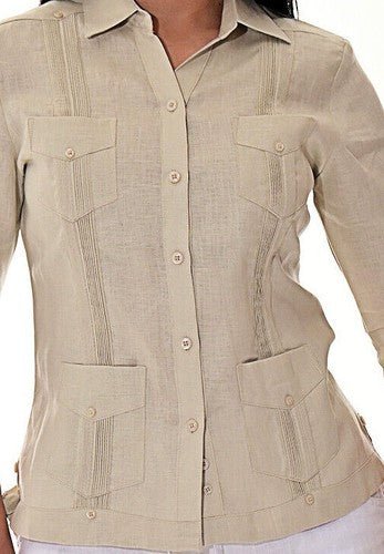 Ladies NATURAL Linen Guayabera Traditional (4) Pocket 3/4 Sleeve Top - LLGB3009 - Regenerative Marketplace