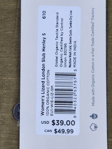 Pact Lizard London Slub Henley Tee Olive Green Organic Cotton Long Sleeve Sz S - Regenerative Marketplace