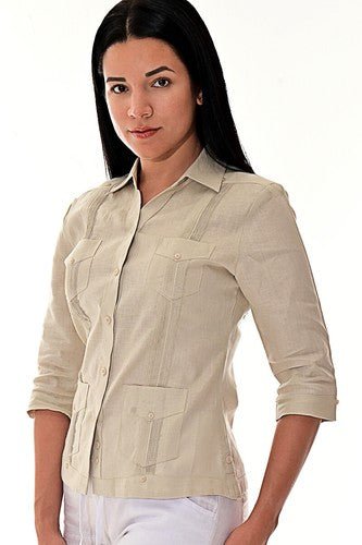 Ladies NATURAL Linen Guayabera Traditional (4) Pocket 3/4 Sleeve Top - LLGB3009 - Regenerative Marketplace