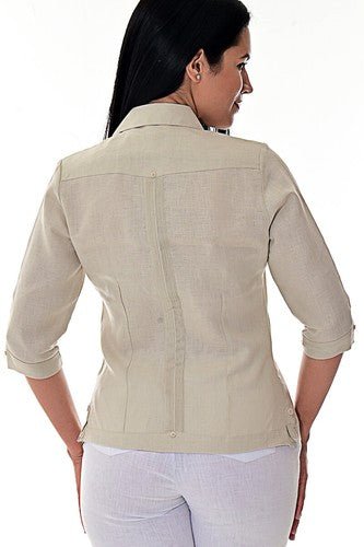 Ladies NATURAL Linen Guayabera Traditional (4) Pocket 3/4 Sleeve Top - LLGB3009 - Regenerative Marketplace