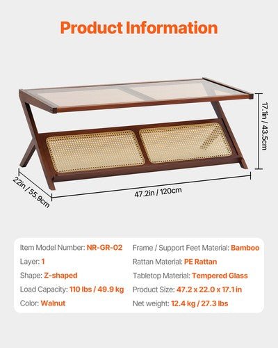 Rattan Coffee Table Z - Shaped Rattan Coffee Table 1 - Tier for Living Room - Regenerative Marketplace